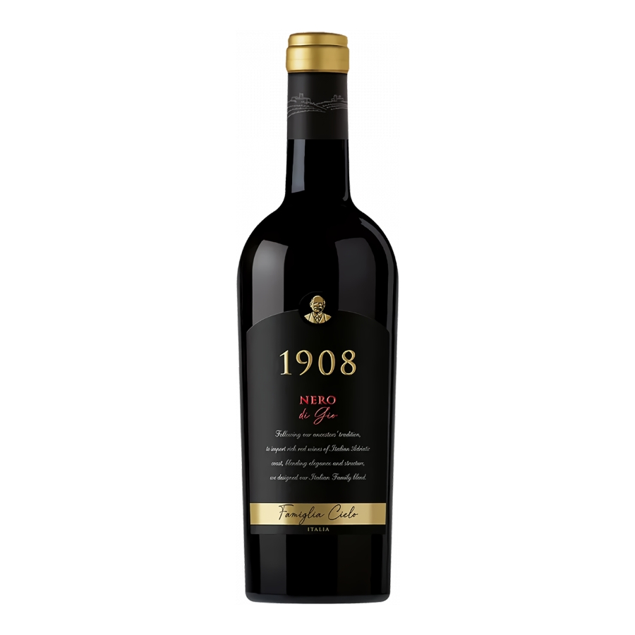1908 Nero di Gio, czerwone wino, włoskie wino premium, wino wytrawne, wino z Sycylii, Nero d’Avola blend, eleganckie czerwone wino, wino do kolacji, wino do mięs, ekskluzywne wina, najlepsze włoskie wina, sklep z winami online, Winnysklad, winnysklad.com, wina premium sklep, zakup wina online, polecane wina czerwone, włoskie wina sklep internetowy, wino na prezent, unikalne wina, limitowane wina